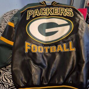 Men's black, green, and yellow leather Green Bay winter coat.